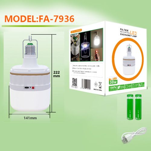 Светодиодная LED лампочка с аккумулятором FA-7936, 30W, E27, 2x18650/3×ААА, крюк, ЗУ Type-C