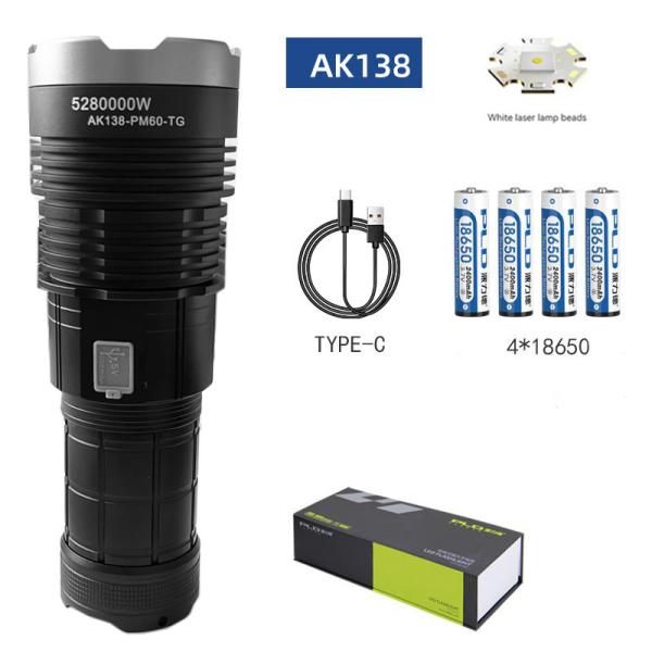 Фонарь AK138 WHITE LASER LED PM60-TG, 4х18650, power bank, индикация заряда, ЗУ Type-C, zoom