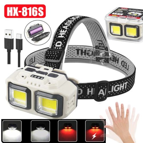 Фонарь налобный HX-816S-2COB(white+red), Motion Sensor