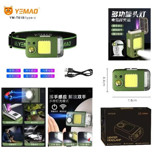 Фонарь налобный MULTIFUNCTIONAL YM-T618-LED+COB, Li-Ion аккум., зажигалка
