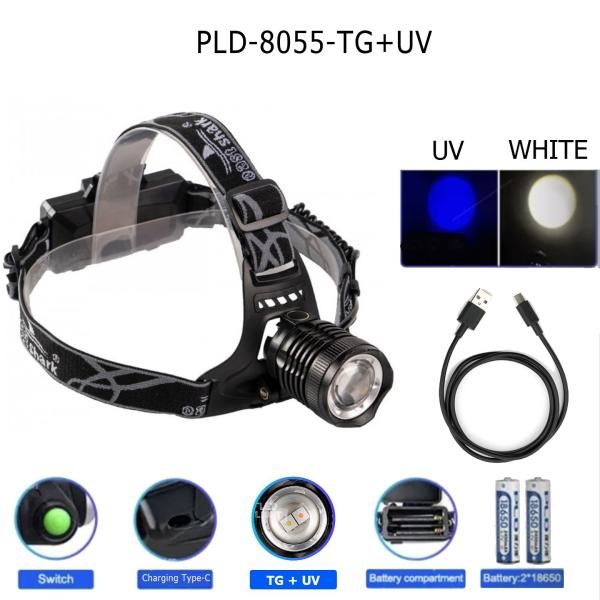 Фонарь налобный PLD  8055-2PM10-2TG(WHITE+UV), 2x18650, ЗУ Type-C, zoom, Box