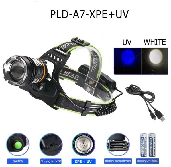 Фонарь налобный PLD A7-XPE+UV