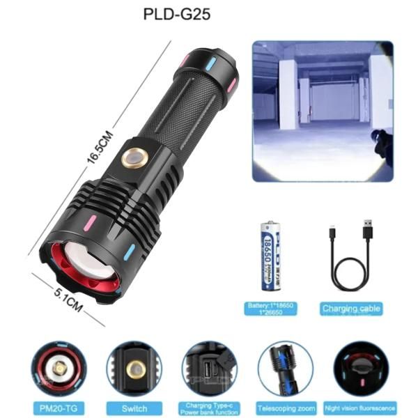 Фонарь FLUORESCENCE G25 PM30-TG, 1х26650/3xAAA, Power Bank, ЗУ Type-C, Zoom, Box