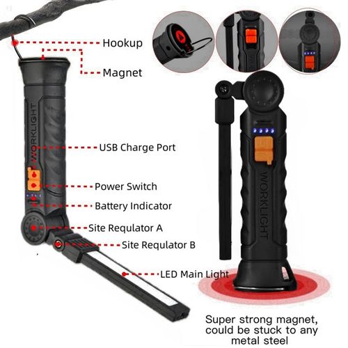 Фонарь WORKLIGHT-G51-LED+COB, Li-Ion аккумулятор, поворот 180º+180º, магнит, крюк, ЗУ Type-C