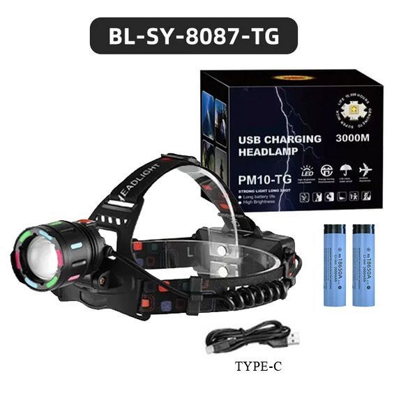 Ліхтарик налобний NIGHT VISION FLUORESCENCE SY-8087-PM10-TG, 2x18650, signal light, fluoreccent patch, ЗУ Type-C, zoom, Box