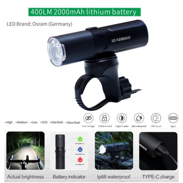 Велофара  LEADBIKE M02- 400LM, 2000mAh